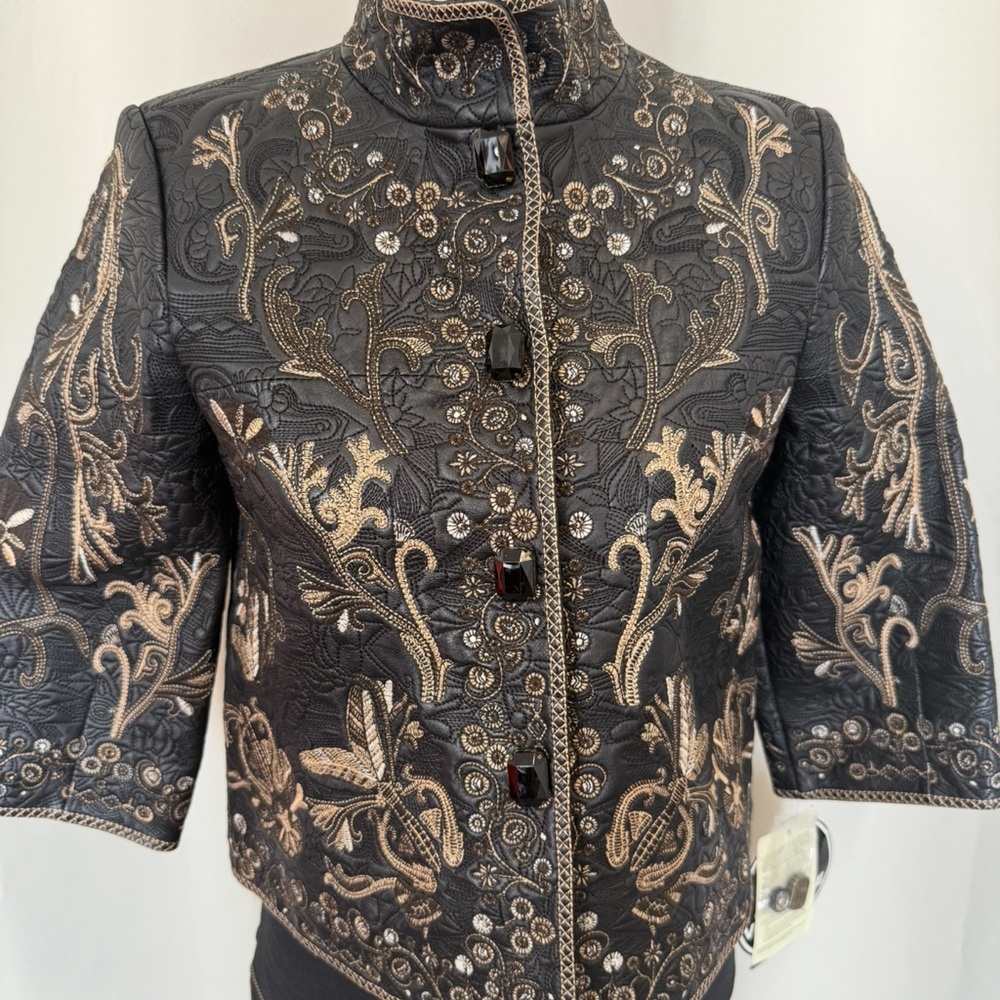 Peter Nygard Black and Gold Embroidered Leather Blazer